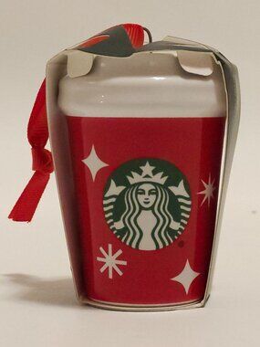 NEW Starbucks 2022 red ceramic cup to go ornament with white snowflakes